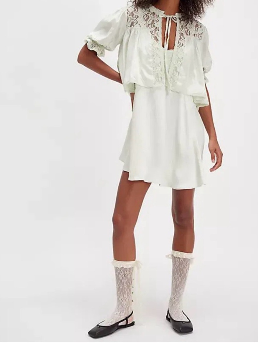Lace-Trim Short Dress in Soft Cream